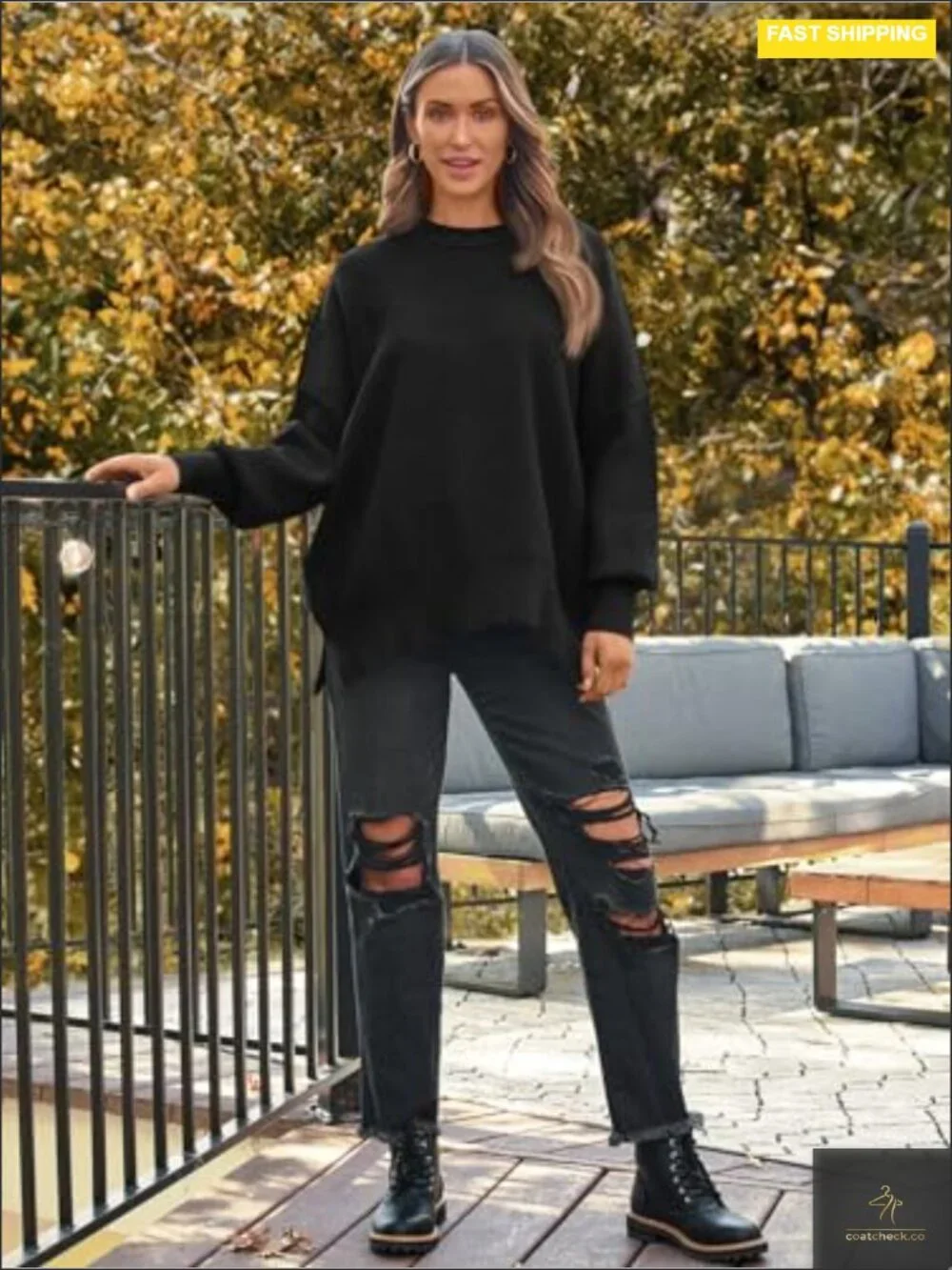 Oversized Batwing Knit Sweater Crewneck Side Slit Pullover